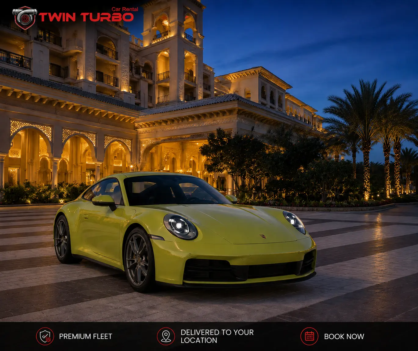 Green Porsche 911 parked outside a luxury Dubai resort at night