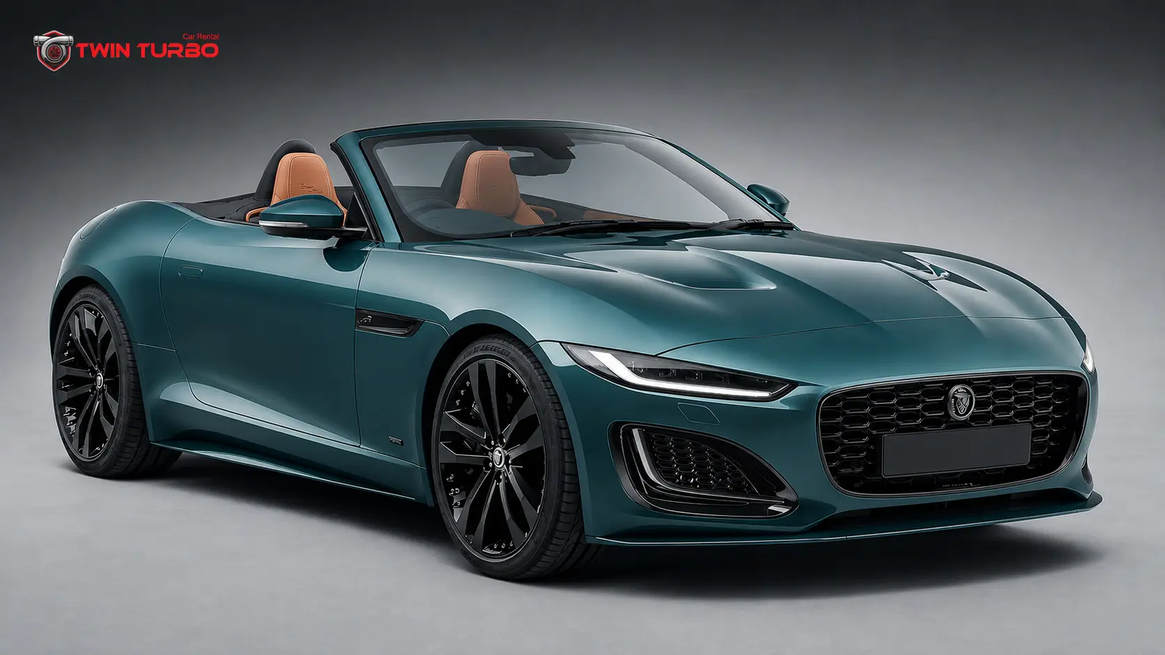 Jaguar F-Type convertible in dark green with tan interior, shown in a front three-quarter view.