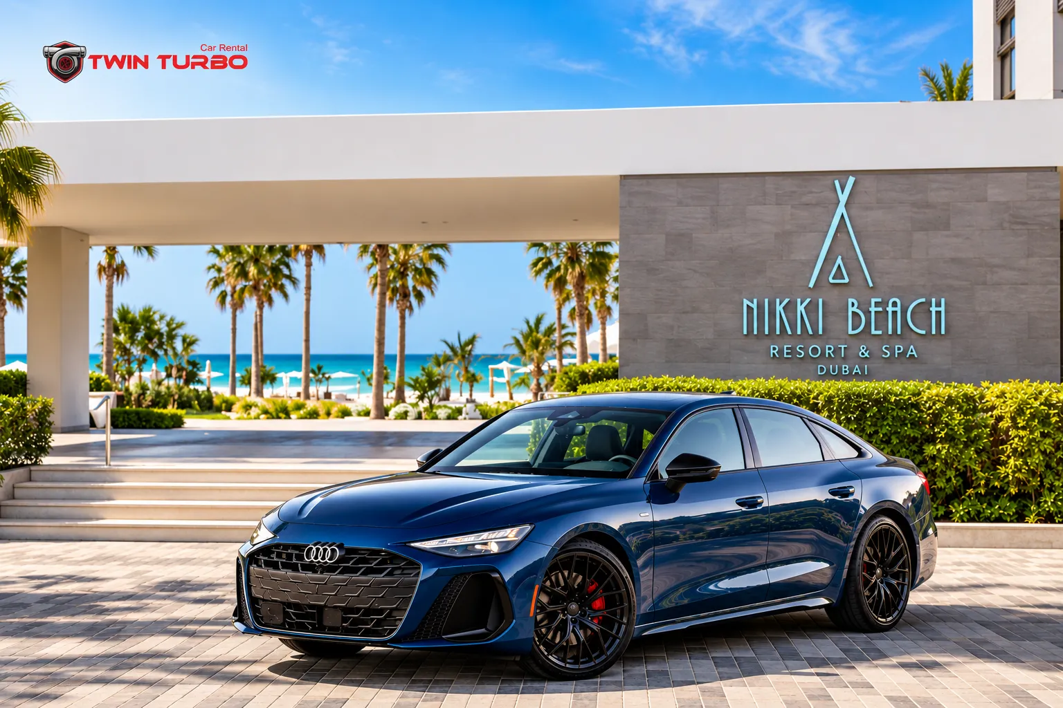 Blue Audi luxury car rental at Nikki Beach Resort Dubai