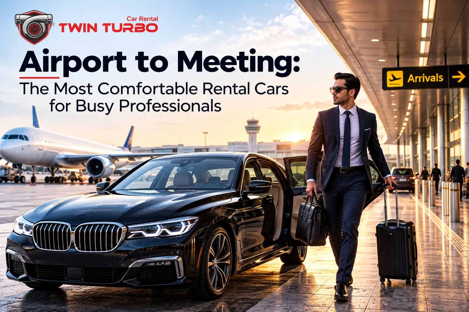 Twin Turbo Car Rental BMW sedan at an airport with a business traveler and luggage, promoting comfortable rental cars for busy professionals.